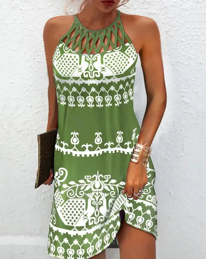 Boho Sexy Dress for Women Beach Mini Dress Fashion Dress Women Summer Sleeveless Hollow Elegant Party Dress Print Vestido 2023