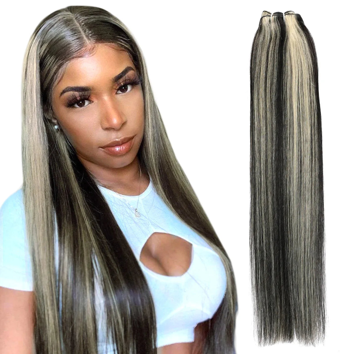 Real Beauty Platinum Blond Brazilian Straight Hair Weave Bundles 14"-28" Hight Ratio Remy Hair Extensions Brown #4 Blond P6/613#